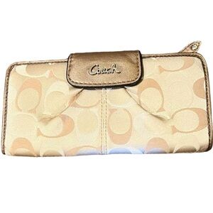 Coach Beige Brown Leather Long Wallet Bifold Ashley Signature Logo Canvas